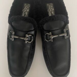 Salvatore Ferragamo Black Leather Loafers with Metallic Detailing